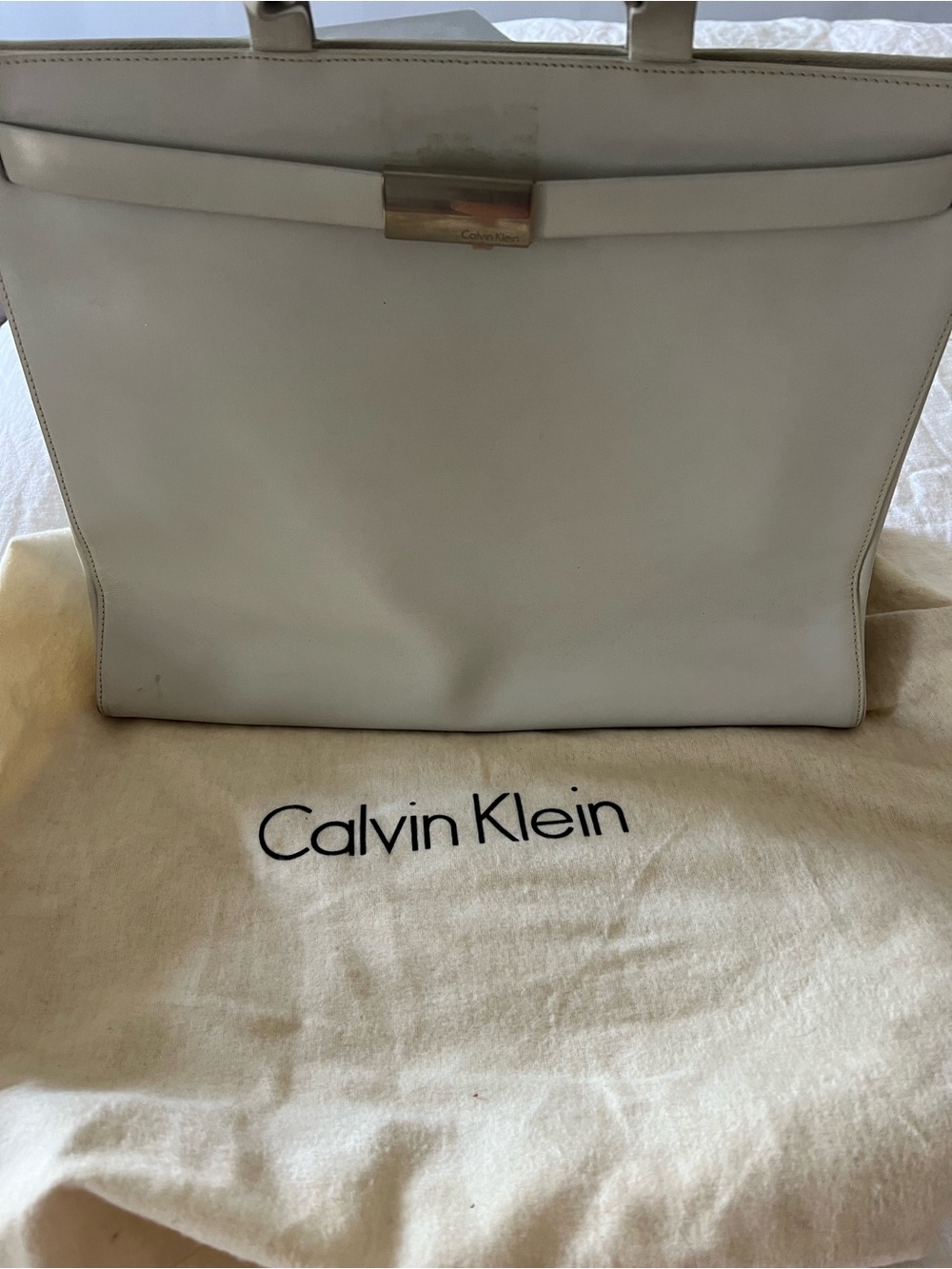 Calvin Klein Cream Leather Tote with Metal Plate